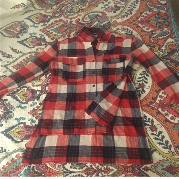 Small LA Boutique Tops - Plaid Flannel Hi-Lo Hem High Side Slit Detail Top